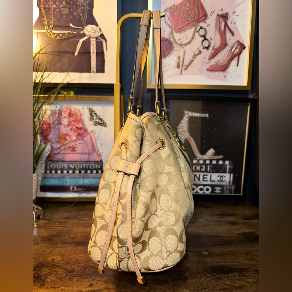 👜 Coach Signature Stripe Drawstring Carryall Bag – Khaki & Emerald (2011) - Picture 4 of 13